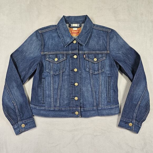 Levi's Trucker Denim Jacket Womens Large Blue Button Front Pockets Dark Wash - Picture 1 of 13